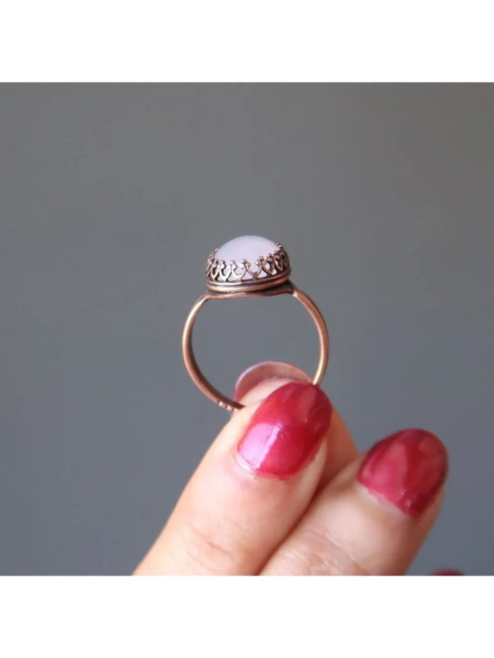 Rose Quartz Ring Miracle Pink Oval Gem Antiqued Copper Adjustable Size 5 to 8 Ri
